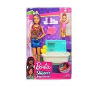 Coffret Salle de Bain pour Barbie : Babysitter Skipper + Baignoire +Accessoires - Figurine Enfant- Set mobilier poupée Mannequin Famille et 1 Carte Tigre