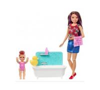 Coffret Salle de Bain pour Barbie : Babysitter Skipper + Baignoire +Accessoires - Figurine Enfant- Set mobilier poupée Mannequin Famille + Carte