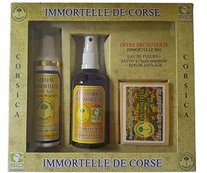 Coffret Sérum Anti-Âge Immortelle, Eau Florale d'Immortelle BIO, Savon à l'Immortelle Corse