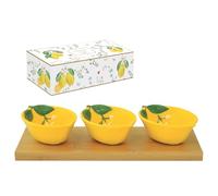 COFFRET SET APERITIF 3 BOLS FORME CITRON EN PORCELAINE SUR PLATEAU BAMBOU FLEURS ET CITRONS