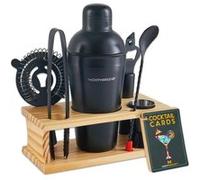 Coffret shaker à cocktail 8 pièces avec support en bois de pin et cartes de recettes - Noir