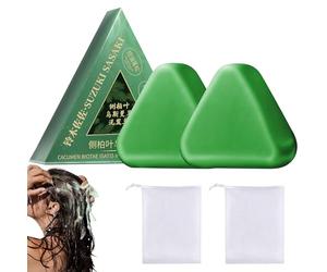 Coffret Shampoing Solide Triangle Nature - Shampoing solide à base de plantes, nettoyage doux, savon capillaire pour tous types de cheveux, avec 2 pains de shampoing et 2 filets à mousser