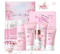 Coffret Soin Visage Femme, Sakura Skincare Set, Coffrets de Soins pour la Peau, Coffret Femme Cadeau avec Nettoyant Visage, Toner, Contour Yeux, Sérum, Crème, Boue pour Visage, Anti-âge, 11 Pièces