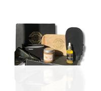 Coffret soins voyage savon noir huile d’argan hydratation cheveux visage gant et gratte dos kessa exfoliant corps Trousse de toilette beige bien etre idee cadeau original femme 4 pieces