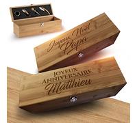 Coffret Sommelier 4 pièces Caisse À Vin Ou Champagne En Bambou Personnalisable - Boîte Accessoires Sommelier Et Coffret Pour Bouteille De Vin Personnalisée - Idée Cadeau Fêtes, Anniversaire (Expert)