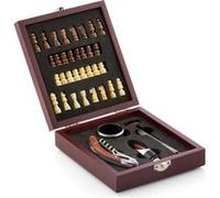 Coffret Sommelier Bois 2-en-1 - Jeu d’Échecs + 4 Accessoires à Vin en Inox - Tire-Bouchon, Thermomètre, Bague Anti-Goutte, Bec Verseur - Design Élégant et Compact - 37 Pièces - Dulce Casa® inox G