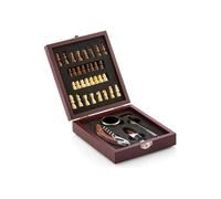 Coffret Sommelier Bois 2-en-1 - Jeu d'Echecs + 4 Accessoires à Vin en Inox - Tire-Bouchon, Thermomètre, Bague Anti-Goutte, Bec Verseur - Design