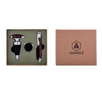 Coffret Sommelier - Set de 3 Accessoires: Élégant Bouchon Stopper Bois et Métal, Sommelier 3 Fonctions Bois et Métal - Collier Anti-goutte Métal - Coffret Cadeau Cartonné Gris, Marron G