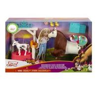 Coffret Spirit : Bain De Boomerang + Cheval Blanc et brun avec taches et Vache et Accessoires - Set Jouet Fille et 1 Carte
