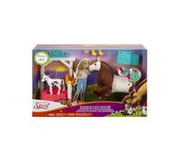 Coffret Spirit : Bain De Boomerang + Cheval Blanc et brun avec taches et Vache et Accessoires - Set Jouet Fille et 1 Carte