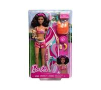 Coffret Sport pour Barbie Surf - Poupee Mannequin surfeuse, Chiot, Planche - Plage, Ocean - Set Jouet Fille 3 Ans et Une Carte
