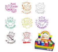 Coffret Tampons Auto-Encreurs Corrections x 8 Pour Les Enseignants, Hiboux Mignon : Avec aide, Champion.ne, à revoir, A terminer, Courage!, Corrigé en classe, Bon travail et Excellent