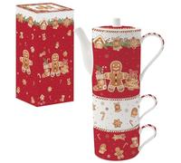 COFFRET THEIERE 50CL + 2 TASSES A DEJEUNER 24 CL EMPILABLE EN PORCELAINE FANCY GINGERBREAD