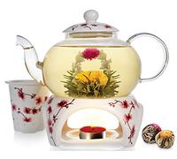 Coffret théière Cherry Blossom de la marque Teabloom - Théière en verre solide (800ml), couvercle en porcelaine, chauffe-théière, infuseur en porcelaine pour thé en feuilles + 2 fleurs de thé