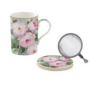 Easylife - Coffret TISANIERE en Porcelaine Filtre INOX Roses in Bloom