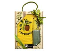 Coffret Torchon jaune brodé huile d'olive coton nid d'abeille et savon et sachet de lavande