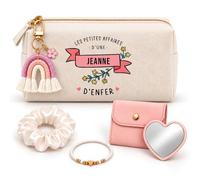 Coffret Trousse à Maquillage Affaires d'une Jeanne d'Enfer | Trousse Coton, Miroir de Poche Cœur, Bracelet, Chouchou Satin, Porte-Clés | 5 Pièces | Cadeau Femme Anniversaire Fête Noël Original