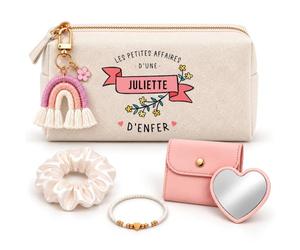 Coffret Trousse à Maquillage Affaires d'une Juliette d'Enfer | Trousse Coton, Miroir de Poche Cœur, Bracelet, Chouchou Satin, Porte-Clés | 5 Pièces | Cadeau Femme Anniversaire Fête Noël Original