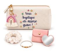 Coffret Trousse à Maquillage Angélique Elle Assure Grave | Trousse Coton, Miroir de Poche Cœur, Bracelet, Chouchou Satin, Porte-Clés | 5 Pièces | Cadeau Femme Anniversaire Fête Noël Original
