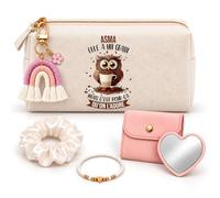 Coffret Trousse à Maquillage Asma la Plus Chouette | Trousse Coton, Miroir de Poche Cœur, Bracelet, Chouchou Satin, Porte-Clés | 5 Pièces | Cadeau Femme Anniversaire Fête Noël Original
