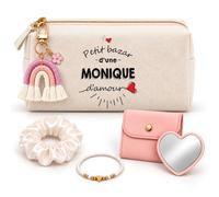 Coffret Trousse à Maquillage Bazar Monique d'amour | Trousse Coton, Miroir de Poche Cœur, Bracelet, Chouchou Satin, Porte-Clés | 5 Pièces | Cadeau Femme Anniversaire Fête Noël Original
