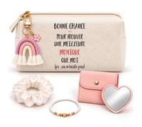 Coffret Trousse à Maquillage Bonne Chance Monique | Trousse Coton, Miroir de Poche Cœur, Bracelet, Chouchou Satin, Porte-Clés | 5 Pièces | Cadeau Femme Anniversaire Fête Noël Original