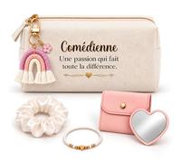 Coffret Trousse à Maquillage Comédienne Une Passion | Trousse Coton, Miroir de Poche Cœur, Bracelet, Chouchou Satin, Porte-Clés | 5 Pièces | Cadeau Collègue Femme Départ Retraite Remerciement