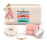 Coffret Trousse à Maquillage Comédienne Une Vocation | Trousse Coton, Miroir de Poche Cœur, Bracelet, Chouchou Satin, Porte-Clés | 5 Pièces | Cadeau Collègue Femme Départ Retraite Remerciement