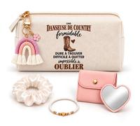 Coffret Trousse à Maquillage Danseuse de Country Impossible à Oublier | Trousse Coton, Miroir de Poche Cœur, Bracelet, Chouchou Satin, Porte-Clés | 5 Pièces | Cadeau Collègue Femme Départ Retraite