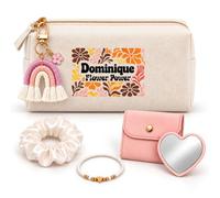 Coffret Trousse à Maquillage Dominique Flower Power | Trousse Coton, Miroir de Poche Cœur, Bracelet, Chouchou Satin, Porte-Clés | 5 Pièces | Cadeau Femme Anniversaire Fête Noël Original