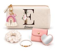 Coffret Trousse à Maquillage Eléonore Lettre Fleurie | Trousse Coton, Miroir de Poche Cœur, Bracelet, Chouchou Satin, Porte-Clés | 5 Pièces | Cadeau Femme Anniversaire Fête Noël Original
