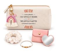 Coffret Trousse à Maquillage Elya Aussi Géniale | Trousse Coton, Miroir de Poche Cœur, Bracelet, Chouchou Satin, Porte-Clés | 5 Pièces | Cadeau Femme Anniversaire Fête Noël Original