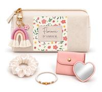 Coffret Trousse à Maquillage Floriane d'amour Fleurs | Trousse Coton, Miroir de Poche Cœur, Bracelet, Chouchou Satin, Porte-Clés | 5 Pièces | Cadeau Femme Anniversaire Fête Noël Original