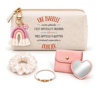 Coffret Trousse à Maquillage Isabelle Aussi Géniale | Trousse Coton, Miroir de Poche Cœur, Bracelet, Chouchou Satin, Porte-Clés | 5 Pièces | Cadeau Femme Anniversaire Fête Noël Original