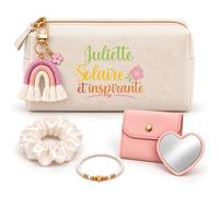 Coffret Trousse à Maquillage Juliette Solaire et Inspirante | Trousse Coton, Miroir de Poche Cœur, Bracelet, Chouchou Satin, Porte-Clés | 5 Pièces | Cadeau Femme Anniversaire Fête Noël Original