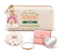 Coffret Trousse à Maquillage Les Vraies Héroïnes Voyageuses | Trousse Coton, Miroir de Poche Cœur, Bracelet, Chouchou Satin, Porte-Clés | 5 Pièces | Cadeau Collègue Femme Départ Retraite Remerciement