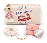 Coffret Trousse à Maquillage Meilleure Modiste du Monde | Trousse Coton, Miroir de Poche Cœur, Bracelet, Chouchou Satin, Porte-Clés | 5 Pièces | Cadeau Collègue Femme Départ Retraite Remerciement