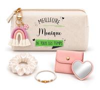 Coffret Trousse à Maquillage Meilleure Monique de Tous Les Temps | Trousse Coton, Miroir de Poche Cœur, Bracelet, Chouchou Satin, Porte-Clés | 5 Pièces | Cadeau Femme Anniversaire Fête Noël Original