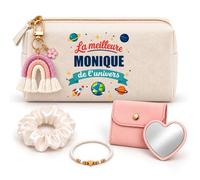 Coffret Trousse à Maquillage Meilleure Monique Univers | Trousse Coton, Miroir de Poche Cœur, Bracelet, Chouchou Satin, Porte-Clés | 5 Pièces | Cadeau Femme Anniversaire Fête Noël Original