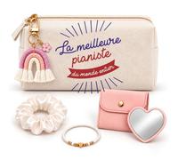 Coffret Trousse à Maquillage Meilleure Pianiste du Monde | Trousse Coton, Miroir de Poche Cœur, Bracelet, Chouchou Satin, Porte-Clés | 5 Pièces | Cadeau Collègue Femme Départ Retraite Remerciement