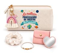 Coffret Trousse à Maquillage Meilleure Professeure de Théâtre Univers | Trousse Coton, Miroir de Poche Cœur, Bracelet, Chouchou Satin, Porte-Clés | 5 Pièces | Cadeau Fin d'Année École Remerciement
