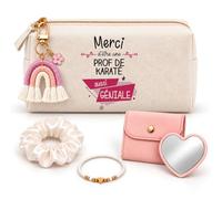 Coffret Trousse à Maquillage Merci Prof de Karaté Géniale | Trousse Coton, Miroir de Poche Cœur, Bracelet, Chouchou Satin, Porte-Clés | 5 Pièces | Cadeau Fin d'Année École Remerciement