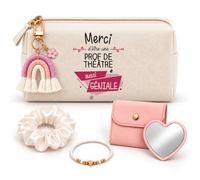 Coffret Trousse à Maquillage Merci Prof de Théâtre Géniale | Trousse Coton, Miroir de Poche Cœur, Bracelet, Chouchou Satin, Porte-Clés | 5 Pièces | Cadeau Fin d'Année École Remerciement