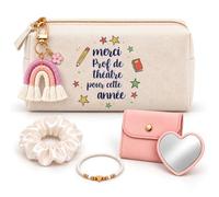 Coffret Trousse à Maquillage Merci Prof de Théâtre pour Cette Année | Trousse Coton, Miroir de Poche Cœur, Bracelet, Chouchou Satin, Porte-Clés | 5 Pièces | Cadeau Fin d'Année École Remerciement