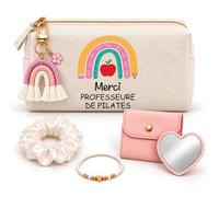 Coffret Trousse à Maquillage Merci Professeure de Pilates Arc-en-Ciel | Trousse Coton, Miroir de Poche Cœur, Bracelet, Chouchou Satin, Porte-Clés | 5 Pièces | Cadeau Fin d'Année École Remerciement