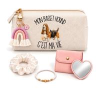Coffret Trousse à Maquillage Mon Basset Hound C'est ma Vie | Trousse Coton, Miroir de Poche Cœur, Bracelet, Chouchou Satin, Porte-Clés | 5 Pièces | Cadeau Femme Passionné Humour Original Anniversaire