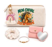 Coffret Trousse à Maquillage Mon Cheval Ma Thérapie | Trousse Coton, Miroir de Poche Cœur, Bracelet, Chouchou Satin, Porte-Clés | 5 Pièces | Cadeau Femme Passionné Humour Original Anniversaire