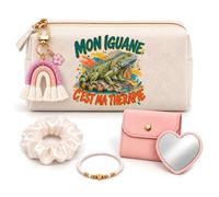 Coffret Trousse à Maquillage Mon Iguane Ma Thérapie | Trousse Coton, Miroir de Poche Cœur, Bracelet, Chouchou Satin, Porte-Clés | 5 Pièces | Cadeau Femme Passionné Humour Original Anniversaire