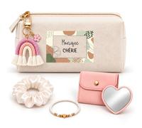 Coffret Trousse à Maquillage Monique Chérie | Trousse Coton, Miroir de Poche Cœur, Bracelet, Chouchou Satin, Porte-Clés | 5 Pièces | Cadeau Femme Anniversaire Fête Noël Original