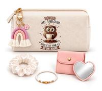 Coffret Trousse à Maquillage Monique Grain Chouette | Trousse Coton, Miroir de Poche Cœur, Bracelet, Chouchou Satin, Porte-Clés | 5 Pièces | Cadeau Femme Anniversaire Fête Noël Original